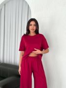 Osy Modal Yumuşak Dokulu Kumaş Bisiklet Yaka T-shirt Bol Paça Pantalon Ikili Takım -Bordo resmi